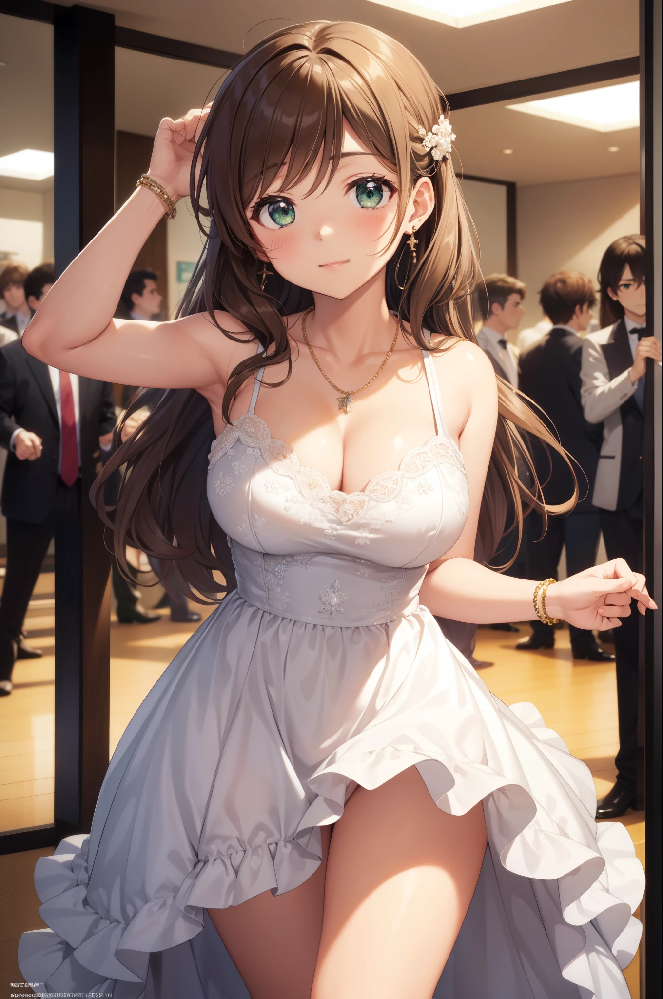 nozomitoujou, nozomi toujou, green eyes, brown hair, curly hair, breasts, masterpiece, best quality, high resolution, beautiful detailed eyes, extremely detailed face, good lighting, detailed CG, messy hair, glossy lips, light smile, ballgown, ballroom, cleavage, necklace, pendant, earrings, jewelry, high heels, standing, (crowd of dancers)