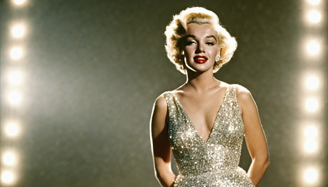full body neutral pose of Marilyn Monroe in white glittery dress, standing in a t pose, 1950s photography