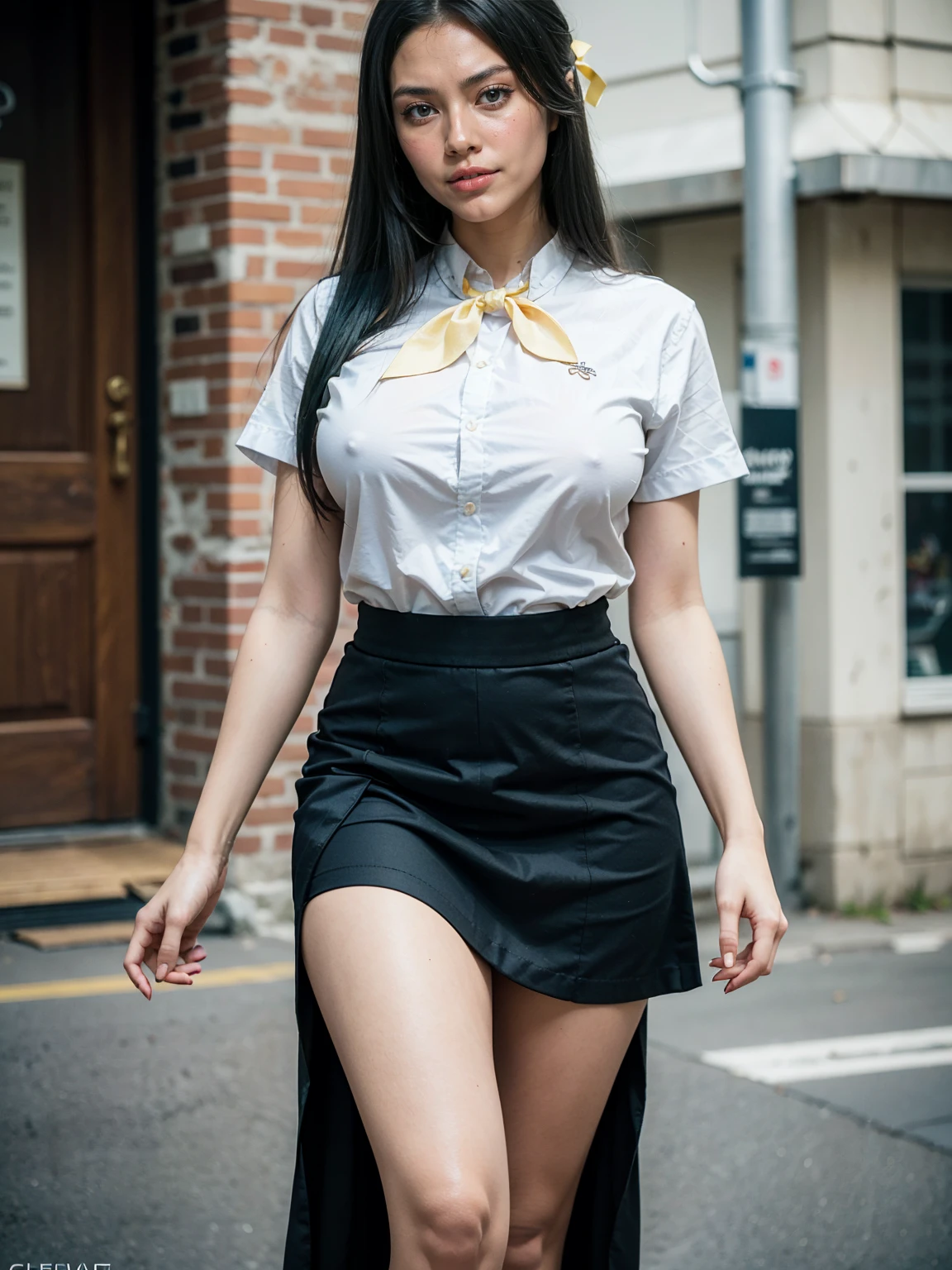 (1 lady), (Best quality at best:1.4), (ultra - detailed), (extremely detailed CG unified 16k), A Beautiful Woman with Perfect Figure: 1.4, Sharp Focus: 1.2, very detailed, High-definition RAW color photo, professional photoshooting, amazing face and eyes, cosmetics, (amazingly beautiful girl), ((Sonozaki Shion)), ((yellow ribbon, white shirt, blue necktie, blue skirt, black kneehighs)), standing, sexyposture,(Stylish urban landscape, day light), (look from down), realistic cinematic face, head to feet long wide zoomed out view, full body long view, photorealistic, ((realistic natural green hair style, green eyes, long hair)), gorgeous, extremely beautiful face, perfect model beauty, pout mouth, Highly Detailed Face and Skin Texture, Detailed Eyes, Double Eyelids, Big Breasts, Smile, cleavages, western, (masterpiece), best quality, high resolution, extremely detailed, detailed background, depth of field, cinematic lighting, amazing legs, clear and well-cared skin,