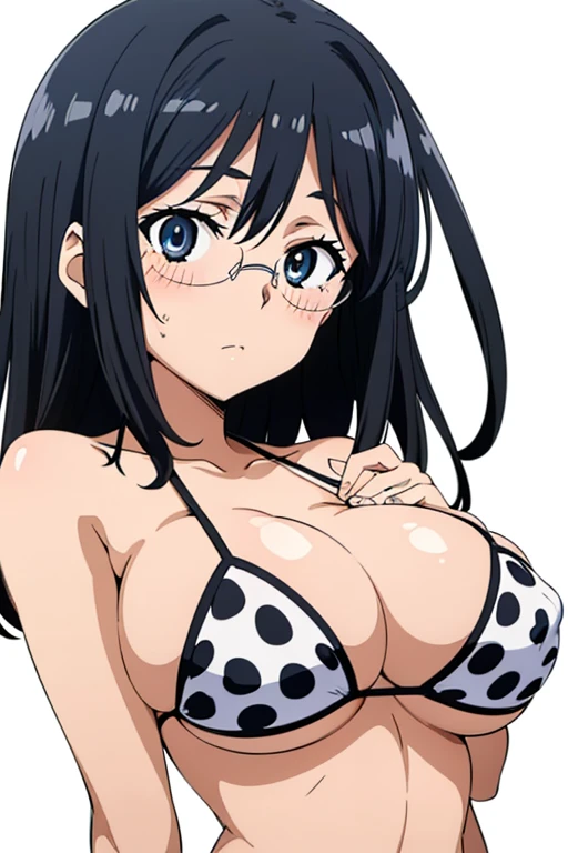 (anime cels style, megami magazine, poster style, best quality, high resolution, sharp, 8k, masterpiece), (beautiful eyes, beautiful face), Konori Mii, glasses, (black medium hair), blush, (huge breasts), polka dot bikini, (upper body, standing), simple background, (perfect detailed anatomy, perfect detailed body, perfect arms, perfect fingers, shiny skin)