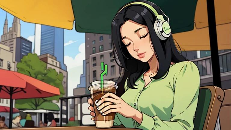 Beautiful woman in her 30s wit? black hair is sitting with headphones on the cafe terrace. Looking down, eyes closed, LOFI girl, alone in the room, green blouse, relaxing mood, cozy, only five fingers, new york, Starbucks, colorful, Well-proportioned face