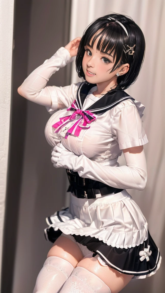 highest quality,masterpiece,8k,((((One girl)))),((Big Breasts:1.3)),orgasm,blush,Sweat,Twelve Zodiac Signs_Soon,Black Hair,short hair,((serafuku,White shirt,Black Skirt,mini skirt,Lift up your skirt,Under the skirt,White panties,Black knee socks:1.3))