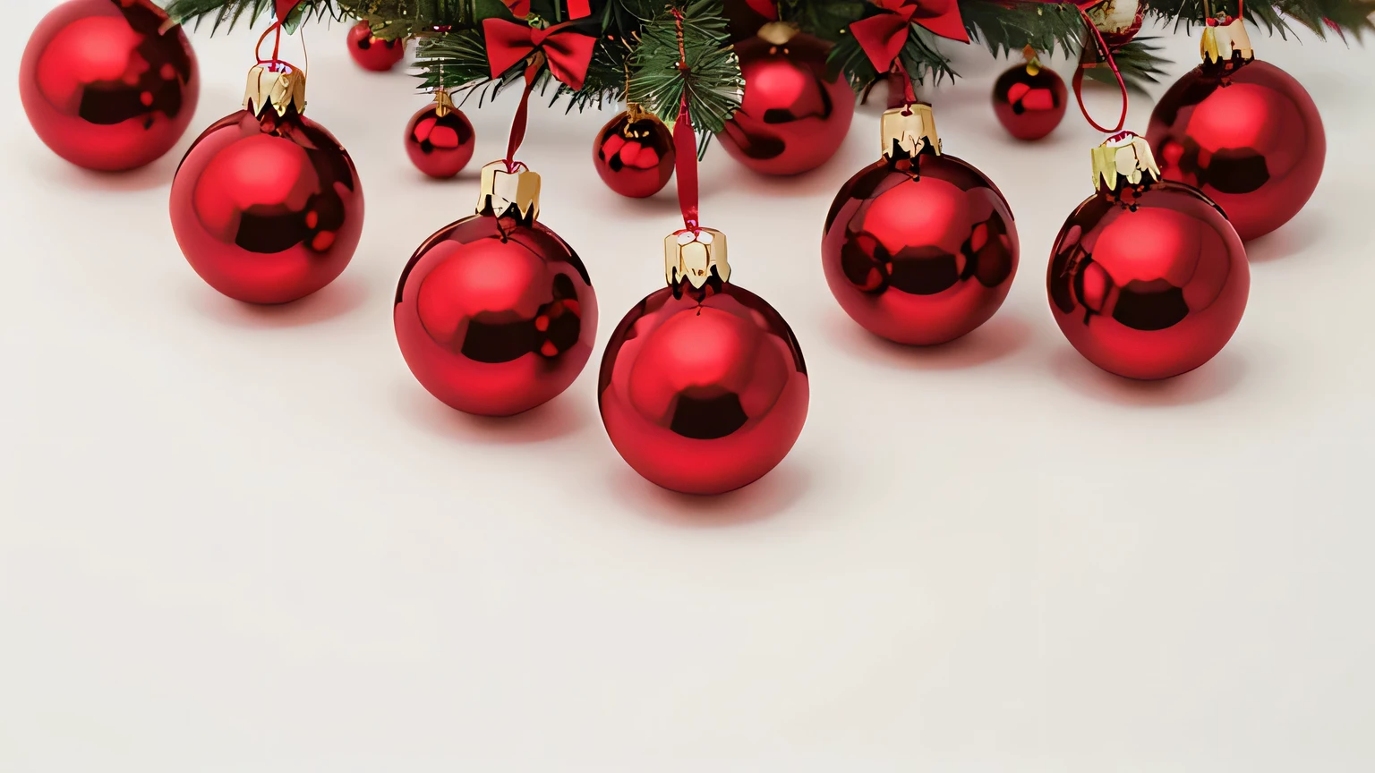 delicate and festive composition of red Christmas ornaments with shiny bows, hanging on a pure white background
