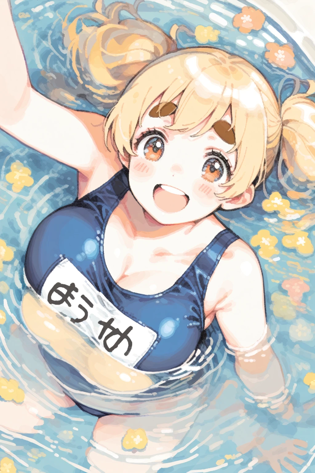 1girl, school swimsuit,
(thick eyebrows), tareme, big tits,
blonde hair, short twin tails, happy, tegaki,
in shallow pool