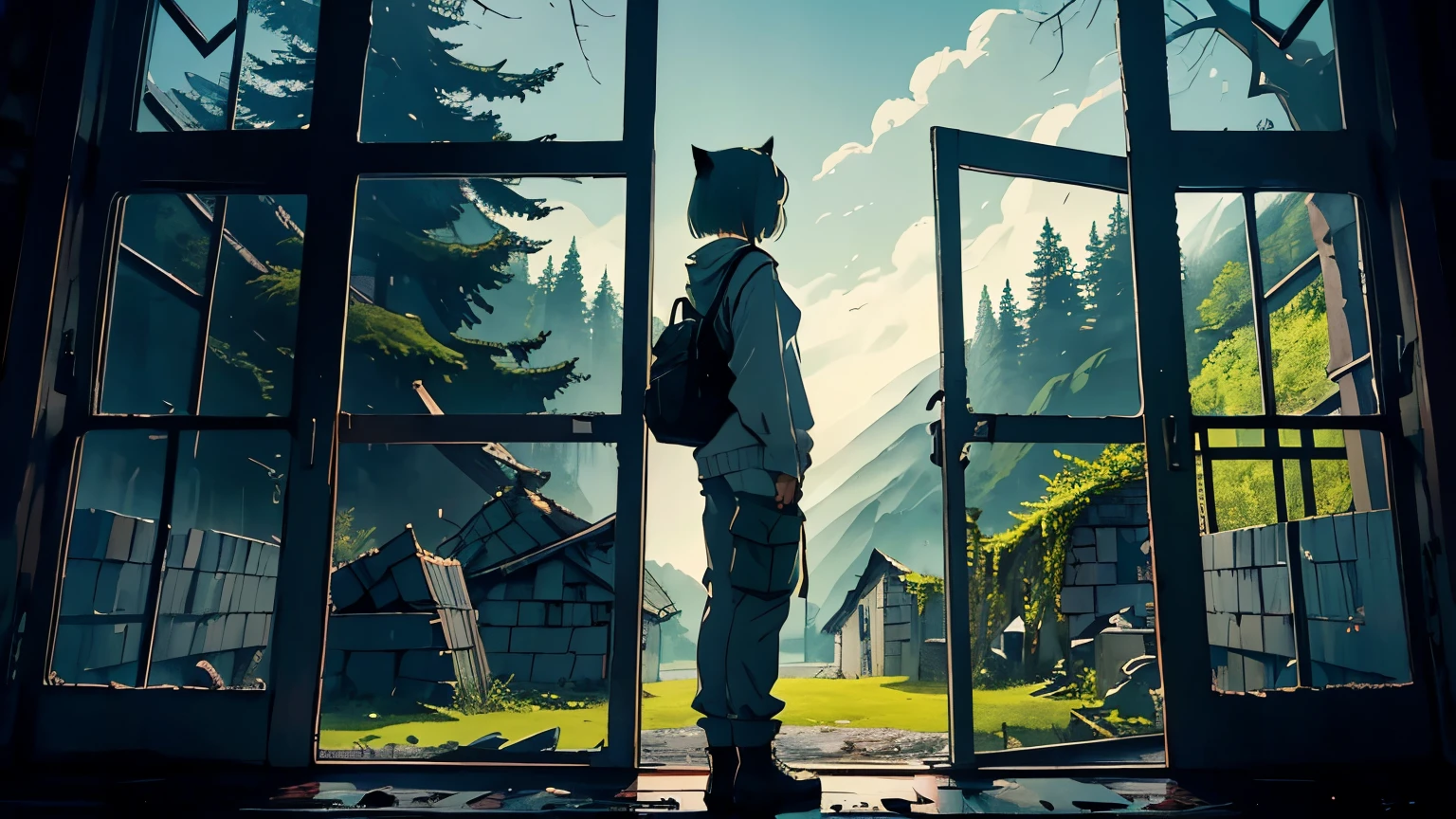 ((A big, creepy soldier stands there))、In a beautifully destroyed old castle、Peaceful creatures sleeping with the night sky、semi-realistic anime style、Slim girl with cute short bob、she is wearing a white sweater、Green standing by the window、Good style、There's a big cat at my feet、There is a Norwegian Forest Cat,