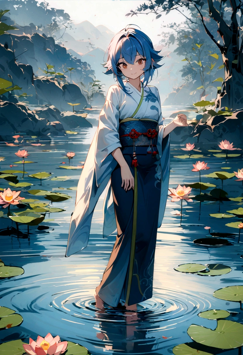 ((4K,masterpiece,highest quality)), Shui Movissim, Traditional Chinese Ink Painting, Lotus,  kimono, Maxi Kit, A girl dressed modestly, alone, Long Blue Hair, smile, Are standing, Soak your feet in water, barefoot,
 