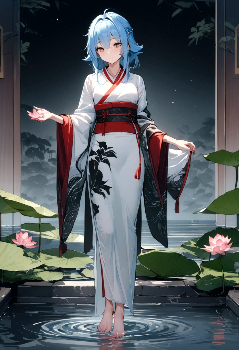 ((4K,masterpiece,highest quality)), Shui Movissim, Traditional Chinese Ink Painting, Lotus, kimono, Maxi Kit, A girl dressed modestly, alone, Long Blue Hair, smile, Are standing, Soak your feet in water, barefoot,