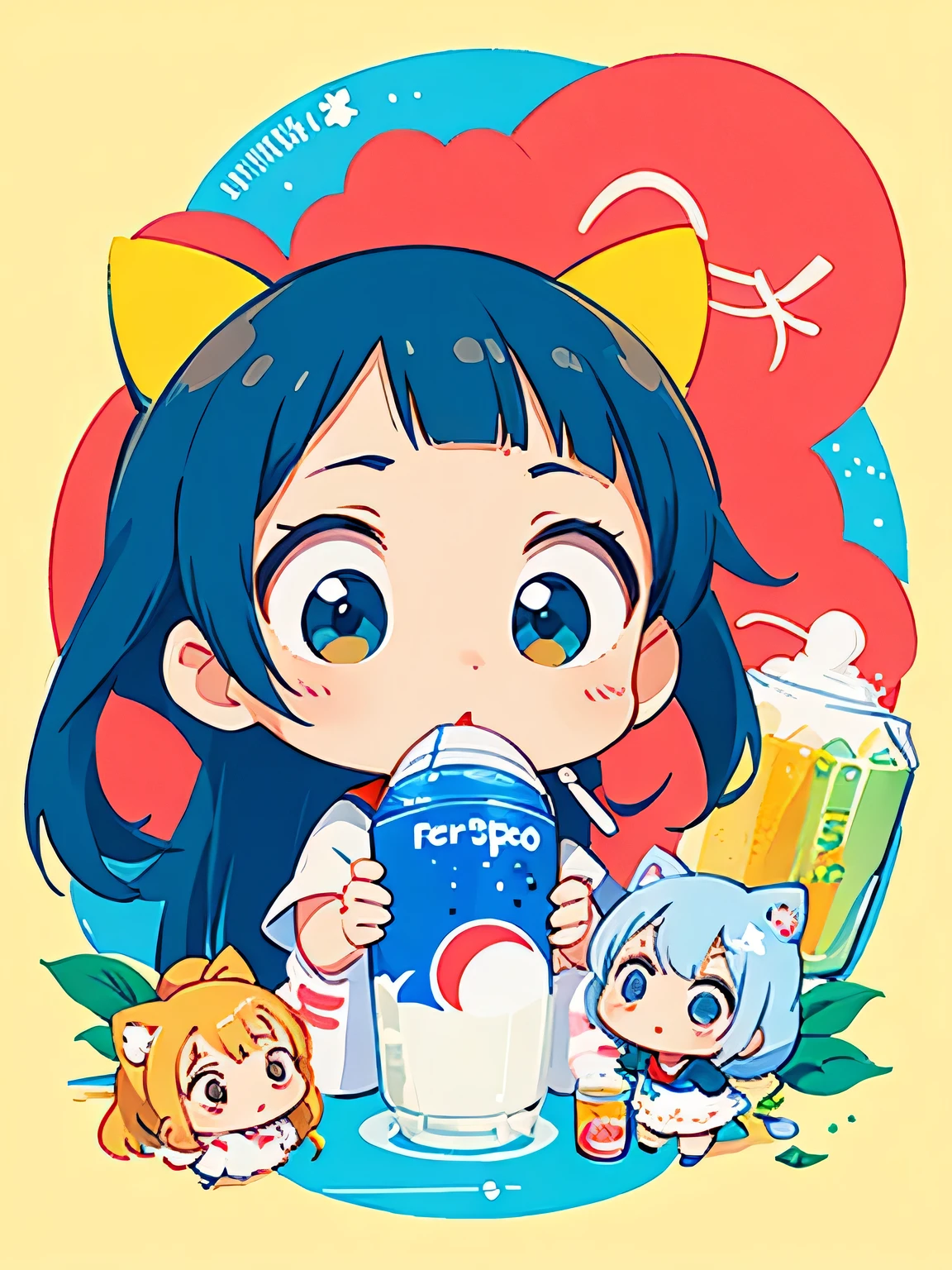 Hayao Mayazaki style, Kawaii Design, The most beautiful girl of all time、Chibi, drinking, Pepsi