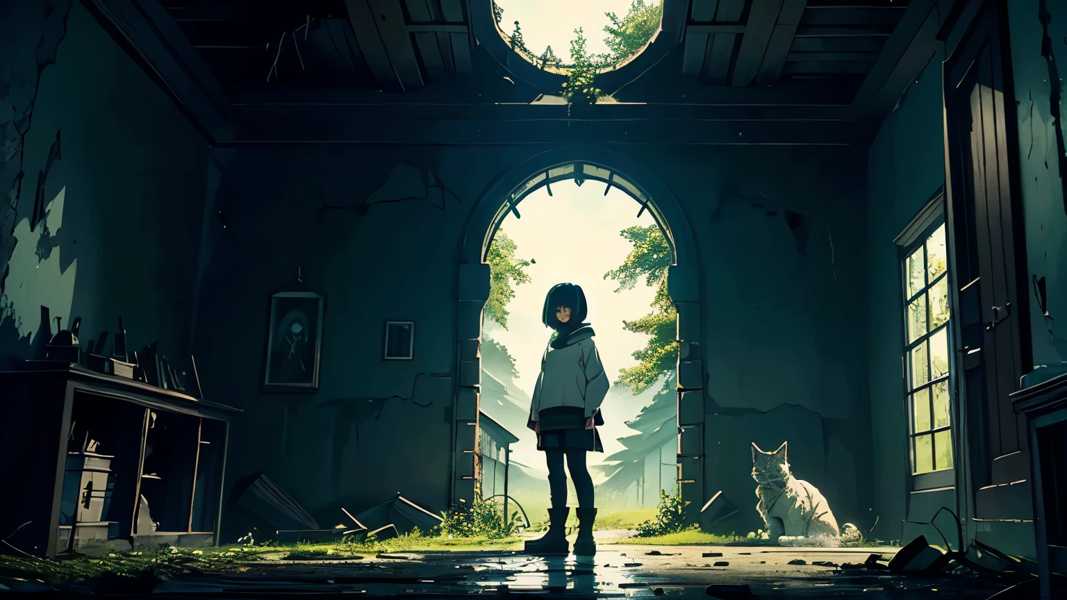 ((A big, creepy soldier stands there))、In a beautifully destroyed old castle、Peaceful creatures sleeping with the night sky、semi-realistic anime style、Slim girl with cute short bob、she is wearing a white sweater、Green standing by the window、Good style、There's a big cat at my feet、There is a Norwegian Forest Cat,