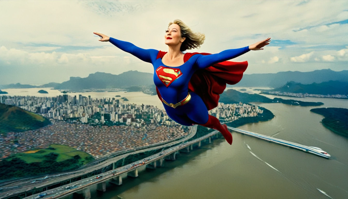 panoramic view; flying with determination; faster than a jet; old Meryl Streep((without glasses))) Superwoman 2013 costume (((50 years old; short hair))); determined and imposing woman; trusting., floating above the Rio de Janeiro 2024 highway(((Lakes Region))); (heavy traffic; satellite view); superhero pose flying through the skies ; Image recorded by a professional photographer