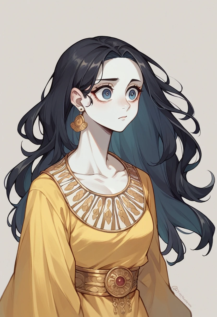 Woman looking straight ahead。fortune teller。Long black hair。Golden Dress。White skin。Big eyes。