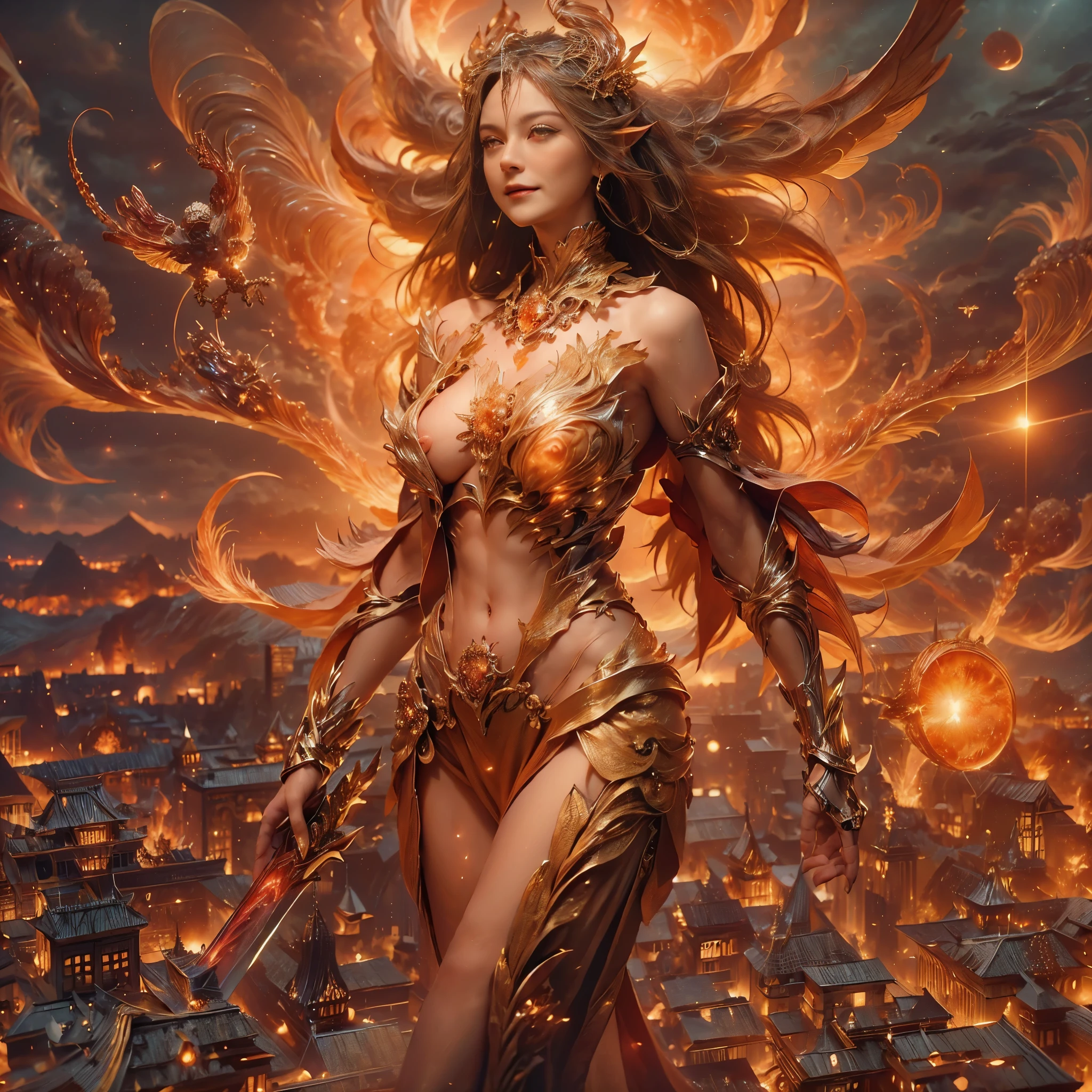 angel on fire, (((8k RAW photo, hyper realistic, masterpiece, best quality, crisp detail, high definition, high detail, very rich detail, sharp focus, sharp detail, colorful, rich color, cinematic, perfect studio lightning, full body photograph, mystic atmosphere))), (((fully naked) young colorful hell goddess, (fully nude), (adorable beautiful , evil round face, smooth straight short hair goddess, red fire haired goddess, red eyed goddess, medium breast, (asian nipples)), (temptating pose, showing pussy and nipples), smooth body, ideal body, evil smile)), (releasing (hell fire), (showing ((pussy, vagina, genital, nipples)))), ((demonic scorching fire wings, tail)), (incinerated city, meteors shower, night),(six headed serpent behind, flying female demons slaves background)