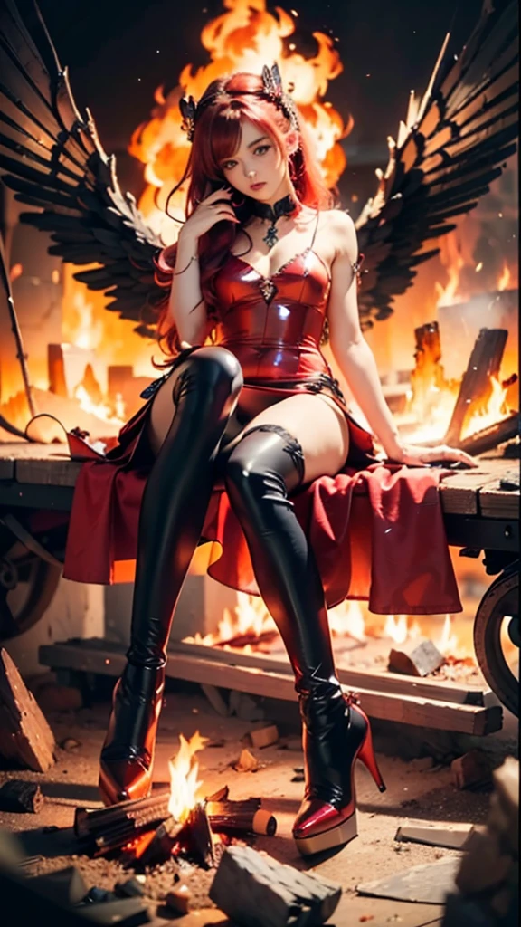 1girl, fire, wings, solo, dress, red_dress, high_heels, boots, embers, thighhighs, full_body, long_hair, black_hair, red_hair, jewelry, looking_at_viewer