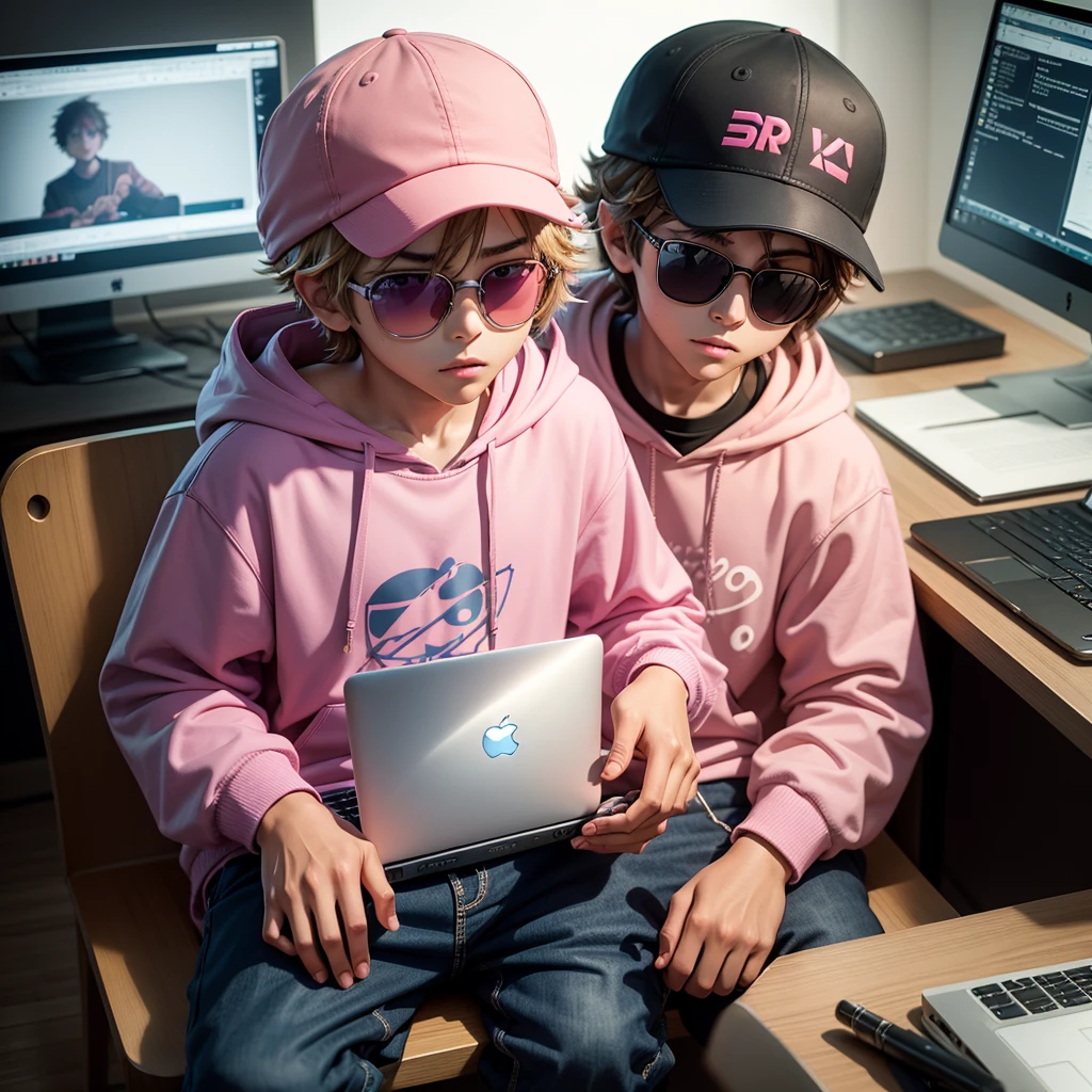 Anime middle boy character sitting and speaking on a chair behind a table with his laptop on the table in his studio. wearing a pink hoodie, a cap, sunglasses. Some gadgets lying around background and around his desk. Facing the camera at the front.