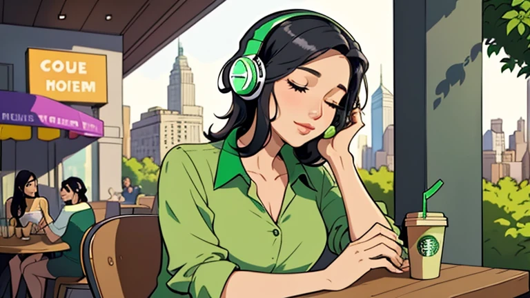 Beautiful woman in her 30s with black hair is sitting with headphones on the cafe terrace. Looking down, eyes closed, LOFI girl, alone in the room, green blouse, relaxing mood, cozy, only five fingers, new york, Starbucks, colorful, Well-proportioned face