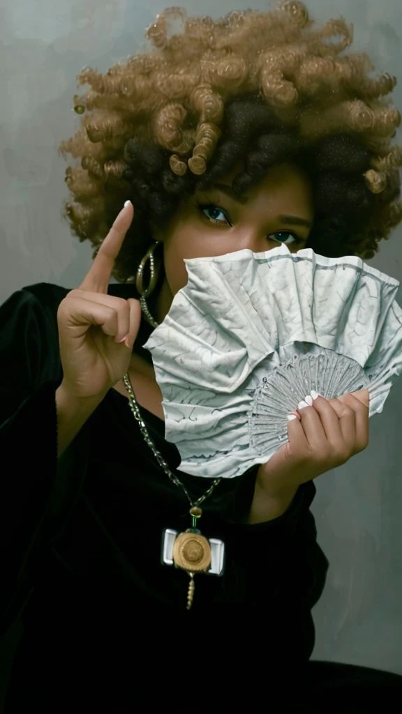 (best quality,4k,8k,highres,masterpiece:1.2),ultra-detailed,realistic,photorealistic:1.37, portrait, money fan covering her face, middle finger, curly afro
