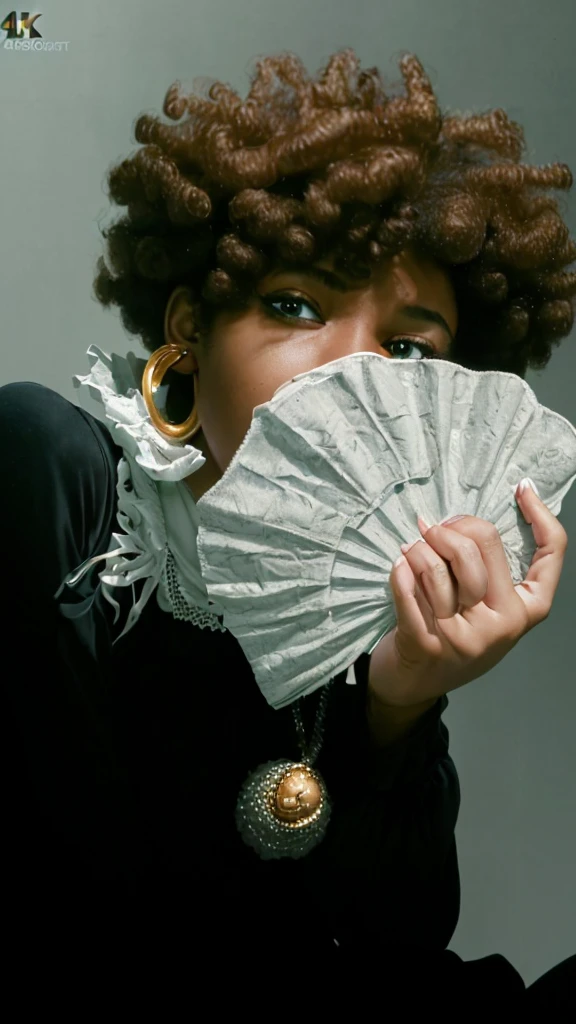 (best quality,4k,8k,highres,masterpiece:1.2),ultra-detailed,realistic,photorealistic:1.37, portrait, money fan covering her face, middle finger, curly afro