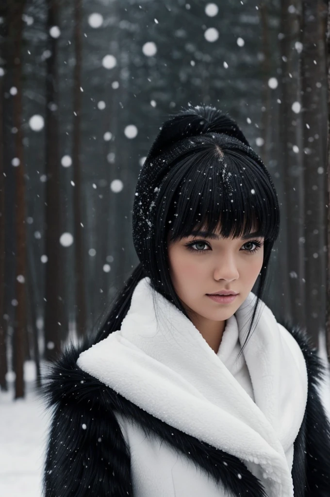 Girl with pointy ears and black hair, wearing a black fur outfit. Snow is falling on the background. d2