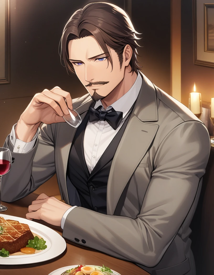 1man, mature male, parted bangs, medium-short hair, brown hair, muscular male celeb, short goatee, short mustache, indigo eyes, gentleman, elegant netori male, BREAK solo, white collared shirt, gray trench coat, black neck ribbon, romantic mood, dinner, holding, wine glass, in gentle sasaki style, visual novel, 2010s, extreme all detailed, masterpiece, best quality