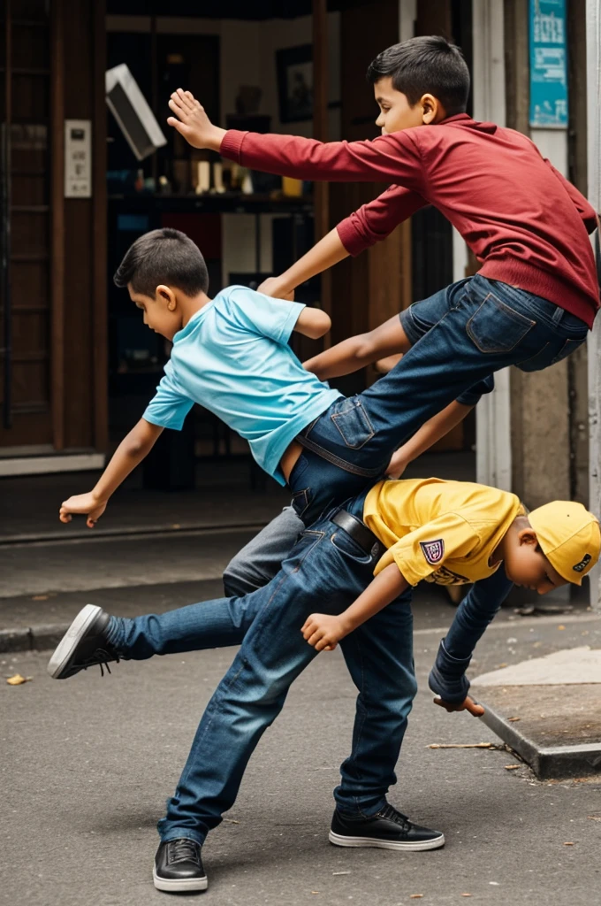 A boy kick a thief neck