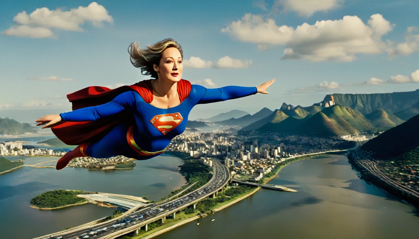 panoramic view; flying with determination; faster than a jet; old Meryl Streep((without glasses))) Superwoman 2013 costume (((50 years old; short hair))); determined, confident, imposing woman; airbender; floating above the Rio de Janeiro 2024 highway(((Lakes Region))); (heavy traffic; satellite view); superhero pose flying through the skies 