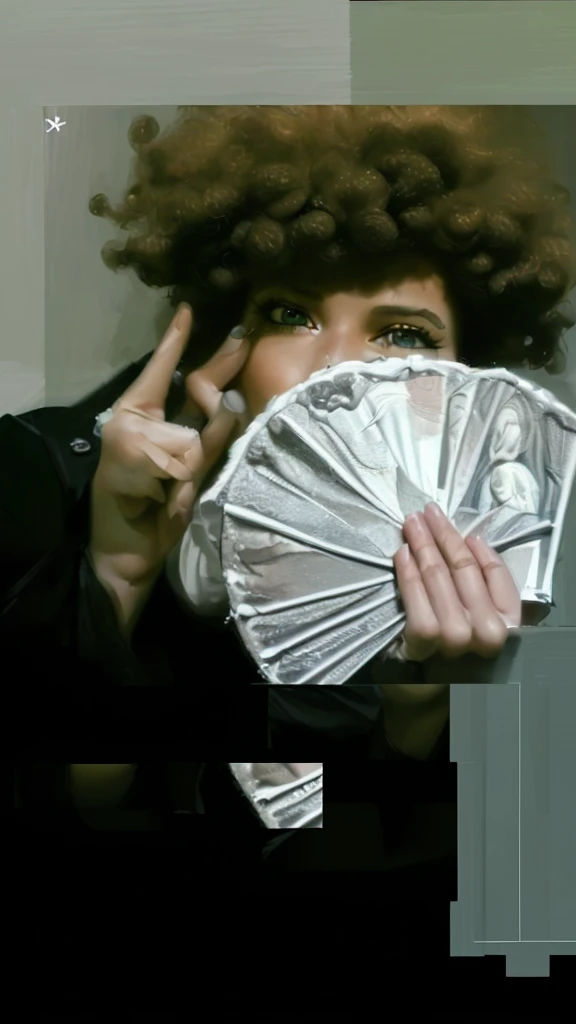 (best quality,4k,8k,highres,masterpiece:1.2),ultra-detailed,realistic,photorealistic:1.37, portrait, money fan covering her face, middle finger, curly afro