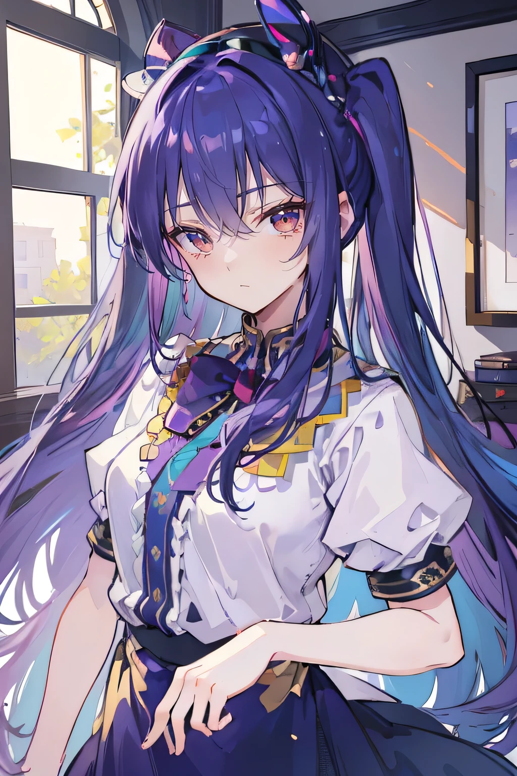 (Best Quality: 1.3), (Masterpiece: 1.3), (Illustration: 1.3), (Ultra Detailed: 1.3), (Imide Lens: 0.9), 1girl, Medium Breasts, Purple Eyes, ((Dark Blue Hair) ), hair accessories, young, clothing-gladiia, long hair, dark blue hair, indoors, black shorts, high socks, low ponytail, expressionless, upper body, close-up, coat, skirt,