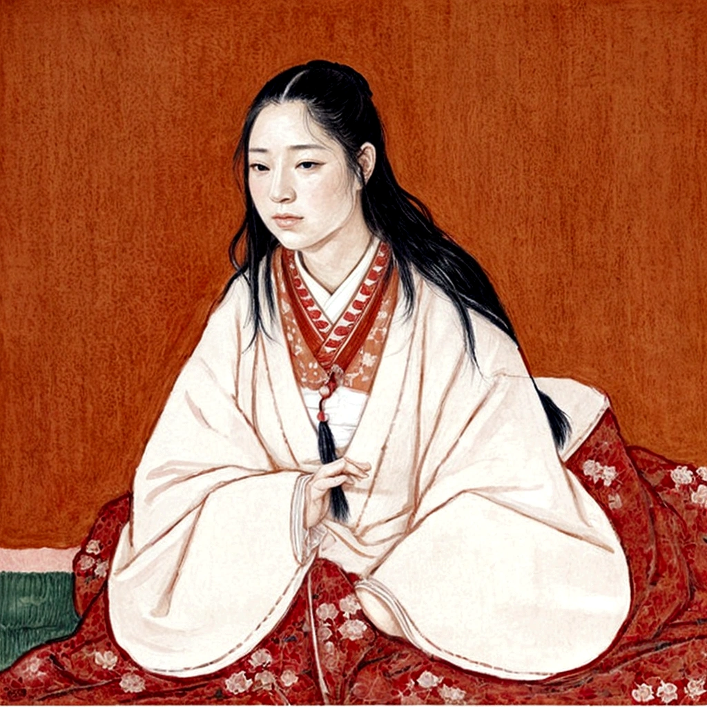 A painting of a woman sitting on a bed with a red blanket, by Kazumasa Miyagawa, by Shigenobu Yanagawa, by Takanobu Kano, by Kano Masanobu, by Flower Room One Long II, by Fujiwara Takanobu, by Sawa Sekkyō