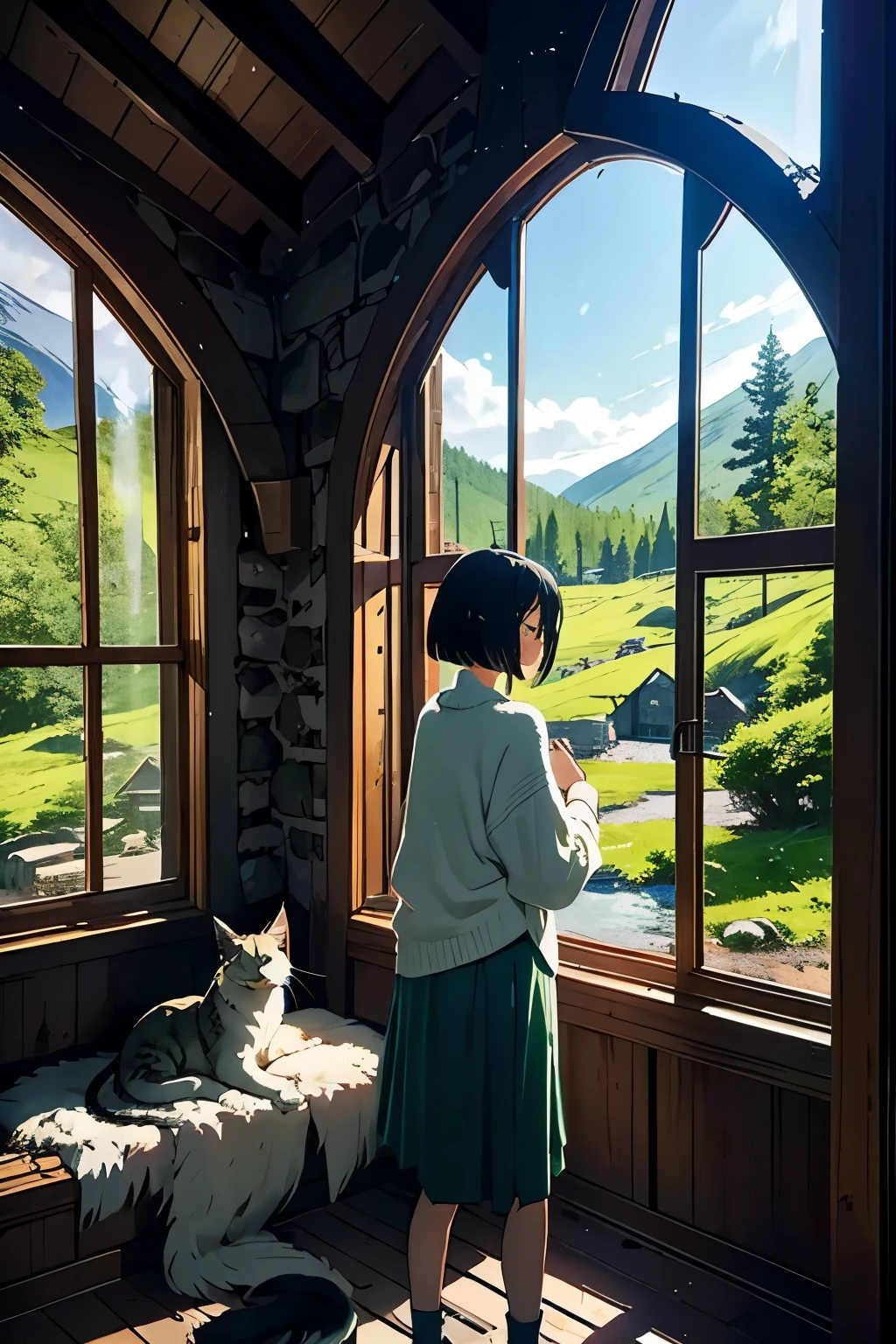 In a beautifully destroyed old castle、Peaceful creatures sleeping with the night sky、semi-realistic anime style、Slim girl with cute short bob、she is wearing a white sweater、Green standing by the window、Good style、There's a big cat at my feet、There is a Norwegian Forest Cat