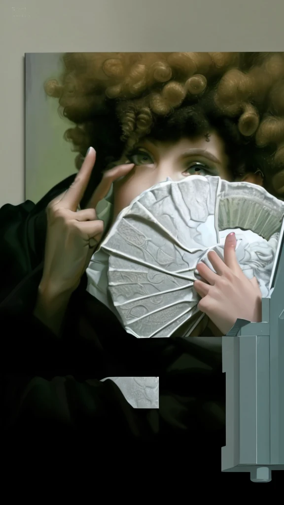 (best quality,4k,8k,highres,masterpiece:1.2),ultra-detailed,realistic,photorealistic:1.37, portrait, money fan covering her face, middle finger, curly afro
