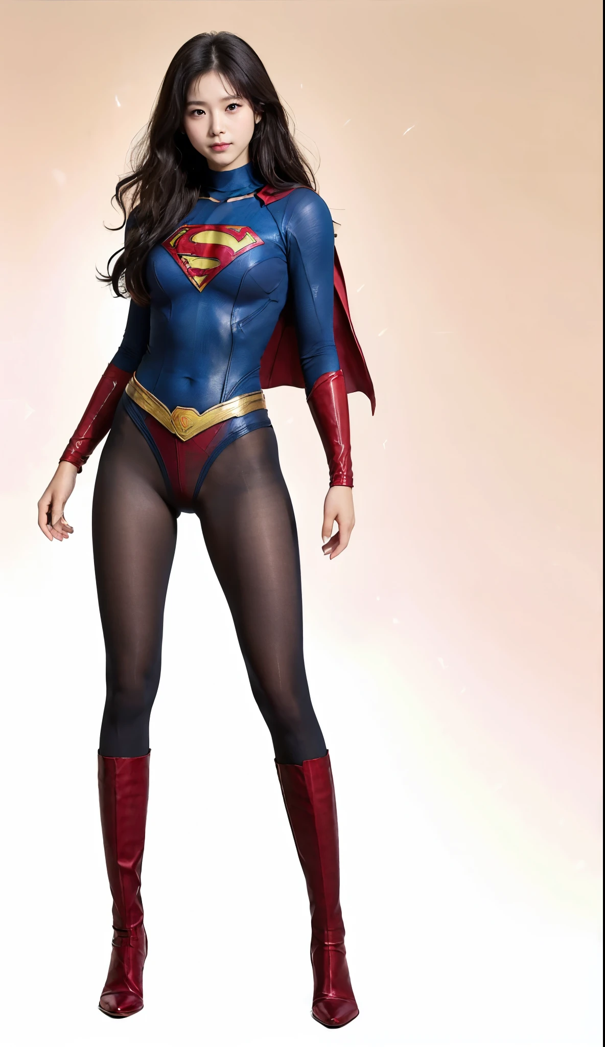 No background、(((Beautiful legs in black tights.)))、(((Legally express the beauty of your smile)))、((((Make the most of your original images)))、(((Supergirl Costume)))、(((Beautiful Hair)))、(((suffering)))、(((Please wear black tights....、Wear red boots)))、((Best image quality、8k))、((highest quality、8k、masterpiece:1.3))、(((Preserve background )))、Sharp focus:1.2、Beautiful woman with perfect figure:1.4、Slim Abs:1.2、Wet body:1.5、Highly detailed face and skin texture、8k