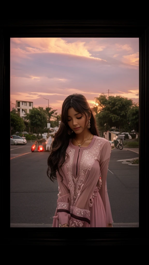 Realistic beautiful girl in pink dress with suset in the backside