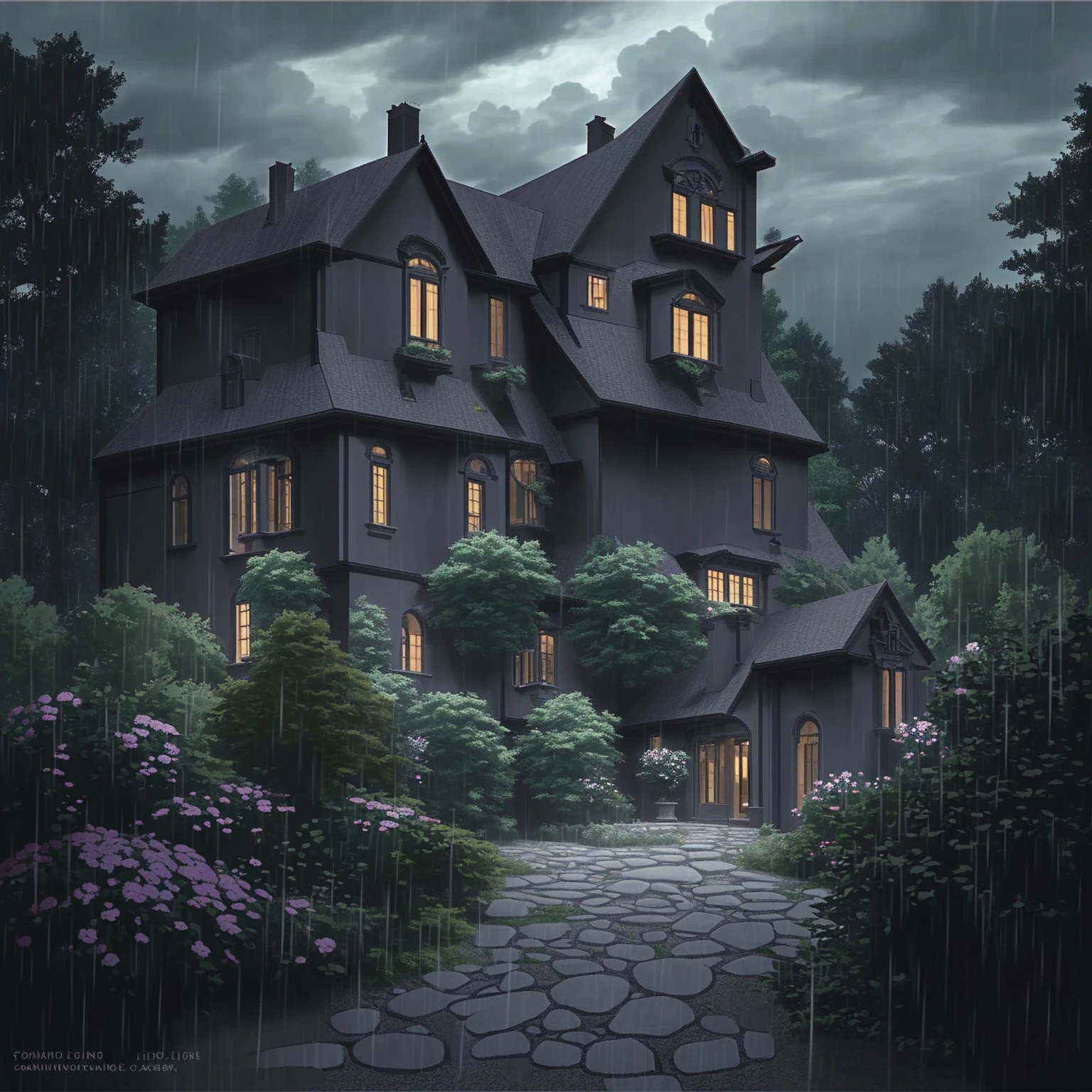 Dark windows with no light, a Romanesque Revival mansion accessed by a winding stone path surrounded by an English garden. There is a dense forest behind the house. There is a dark cloud above the house, which portends a downpour. The lights in the windows are off