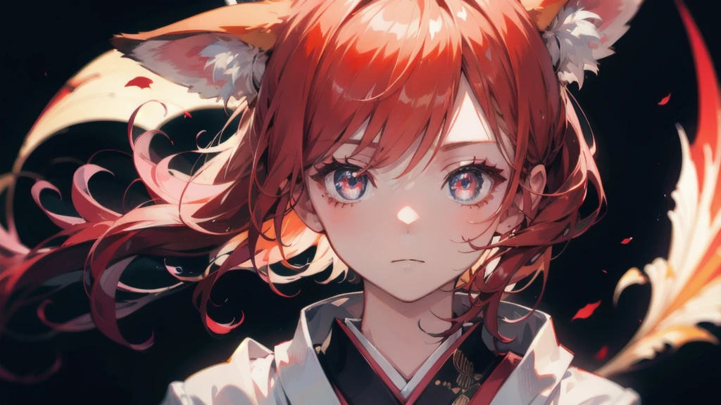 Best quality, highly detailed, masterpiece, ultra detailed, (reality: 1.2), 1 girl, (detailed background), delicate eyes, ), girl with orange hair and fox ear, red eye, wearing kimono japanese intense scene, dinamic lighting, dinamic effect, cinematic light, anime screenshot