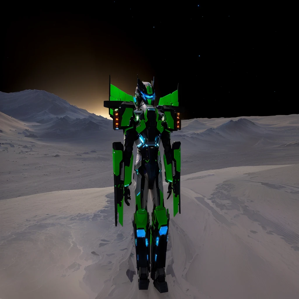 a black colored male transformer with green inserts, symmetrically arranged green parts, on the frontof the body not transparent cabin, on the back - aircraft's wings, arms from elbows to hands look like the front part of a aircraft, wheels are visible on the shoulders, on the legs from knees to the ankle there are aircraft's repulsors and small aircraft's tail wings, no helmet, light blue eyes, two legs, two arms, not a suit, on a background there is an empty dark blue metal desert, no buildings, no structures, dark blue storm clouds, light blue lightning from the clouds, blue river, river to the horizon, electrified river, light blue lightning from the river, space sky, stars in the sky, composition on the metal planet, big metalic planet, dark-blue metal, shiny metal, cybertron, mechanical planet, empty wasteland, dark blue storm clouds, light blue lightning from clouds, blue river, river to horizon, electrized river, light blue lightning from river, space sky, stars on the sky, realistic, watercolor, 4k, high quality, hight attention to details, concept art, concept art by Chris Mowry.