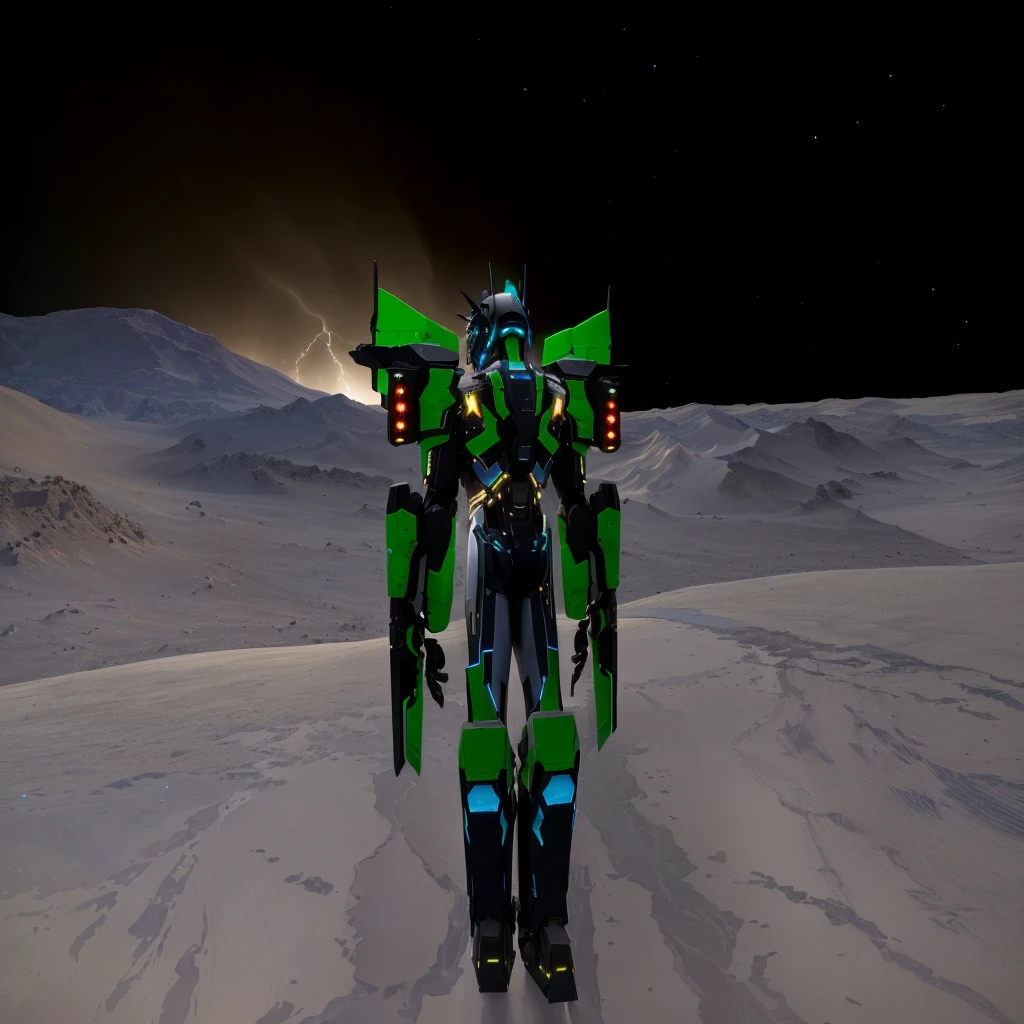 a black colored male transformer with green inserts, symmetrically arranged green parts, on the frontof the body not transparent cabin, on the back - aircraft's wings, arms from elbows to hands look like the front part of a aircraft, wheels are visible on the shoulders, on the legs from knees to the ankle there are aircraft's repulsors and small aircraft's tail wings, no helmet, light blue eyes, two legs, two arms, not a suit, on a background there is an empty dark blue metal desert, no buildings, no structures, dark blue storm clouds, light blue lightning from the clouds, blue river, river to the horizon, electrified river, light blue lightning from the river, space sky, stars in the sky, composition on the metal planet, big metalic planet, dark-blue metal, shiny metal, cybertron, mechanical planet, empty wasteland, dark blue storm clouds, light blue lightning from clouds, blue river, river to horizon, electrized river, light blue lightning from river, space sky, stars on the sky, realistic, watercolor, 4k, high quality, hight attention to details, concept art, concept art by Chris Mowry.