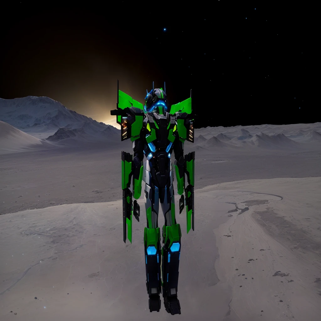 a black colored male transformer with green inserts, symmetrically arranged green parts, on the frontof the body not transparent cabin, on the back - aircraft's wings, arms from elbows to hands look like the front part of a aircraft, wheels are visible on the shoulders, on the legs from knees to the ankle there are aircraft's repulsors and small aircraft's tail wings, no helmet, light blue eyes, two legs, two arms, not a suit, on a background there is an empty dark blue metal desert, no buildings, no structures, dark blue storm clouds, light blue lightning from the clouds, blue river, river to the horizon, electrified river, light blue lightning from the river, space sky, stars in the sky, composition on the metal planet, big metalic planet, dark-blue metal, shiny metal, cybertron, mechanical planet, empty wasteland, dark blue storm clouds, light blue lightning from clouds, blue river, river to horizon, electrized river, light blue lightning from river, space sky, stars on the sky, realistic, watercolor, 4k, high quality, hight attention to details, concept art, concept art by Chris Mowry.