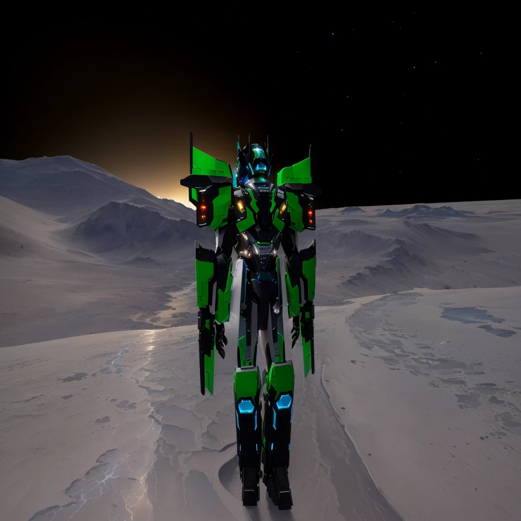 a black colored male transformer with green inserts, symmetrically arranged green parts, on the frontof the body not transparent cabin, on the back - aircraft's wings, arms from elbows to hands look like the front part of a aircraft, wheels are visible on the shoulders, on the legs from knees to the ankle there are aircraft's repulsors and small aircraft's tail wings, no helmet, light blue eyes, two legs, two arms, not a suit, on a background there is an empty dark blue metal desert, no buildings, no structures, dark blue storm clouds, light blue lightning from the clouds, blue river, river to the horizon, electrified river, light blue lightning from the river, space sky, stars in the sky, composition on the metal planet, big metalic planet, dark-blue metal, shiny metal, cybertron, mechanical planet, empty wasteland, dark blue storm clouds, light blue lightning from clouds, blue river, river to horizon, electrized river, light blue lightning from river, space sky, stars on the sky, realistic, watercolor, 4k, high quality, hight attention to details, concept art, concept art by Chris Mowry.