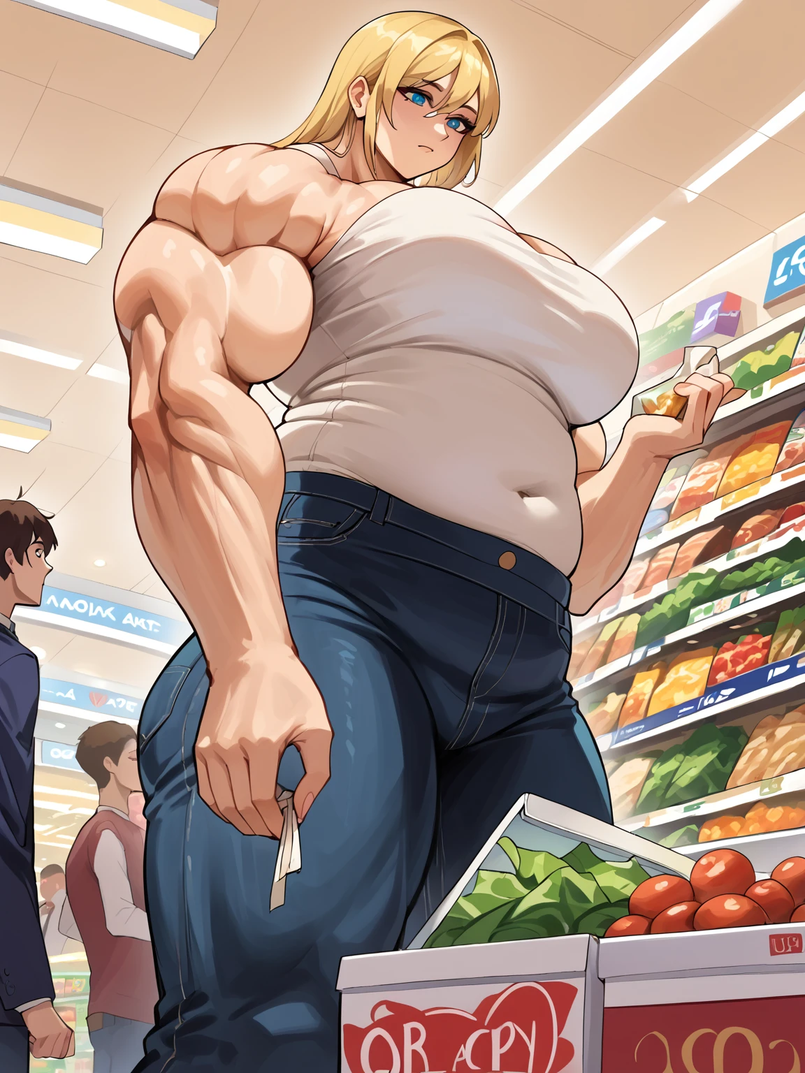 score_9, score_8_superior, score_7_superior, score_6_superior, sauce_anime, Shopping Mall Background, Low - Angle, From below, One girl, 1人のmaleの子, duo, big_female, small_male, size_difference, Are standing, Looking down, break, chubby muscular female, break, Blonde