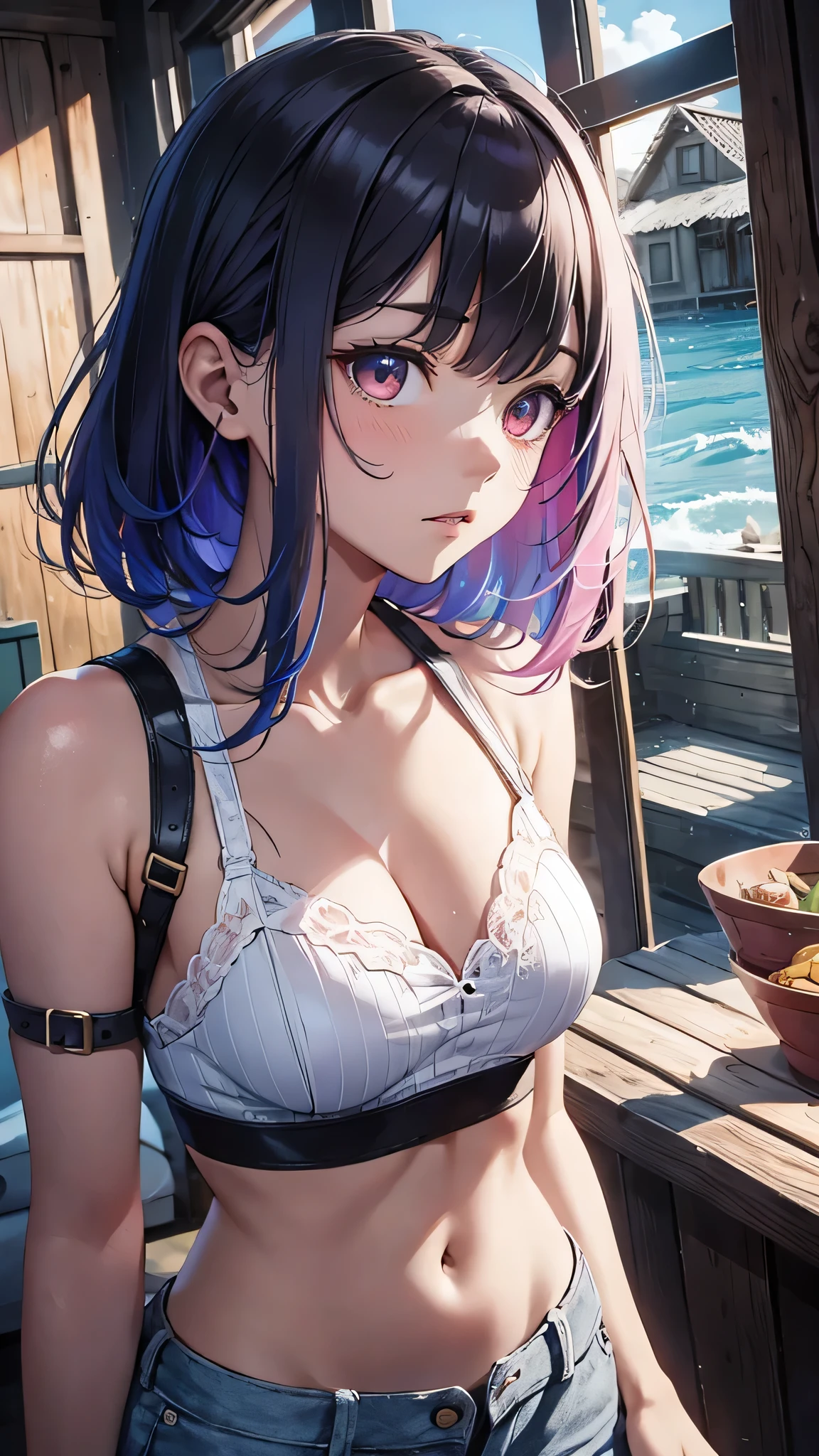 Highest quality、Highest quality、Masterpiece、girl((20-year-old、as soon as、Highest Bust、Medium Bust、Wide open chest、Red glowing eyes、Light Blue Hair、Disheveled Hair、Loincloth、thin、The best valley、Open chest、Full body view、White shorts、White tank top、Lie))、high quality、Beautiful Art、background((Wooden house、Wooden house具、Fan、White Curtains))、Depth((Ocean)),flight、Flying Debris、Depth of text、movie、Visual Arts、Perfect Art、8K、Genuine、Special Angles