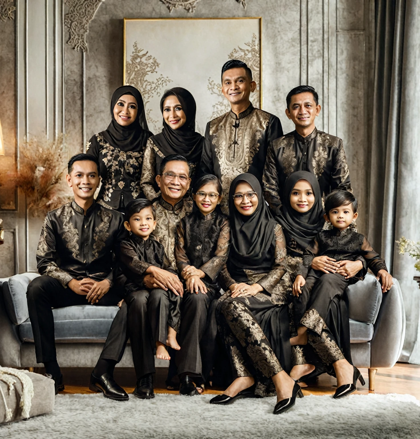 there are a group of people sitting on a couch together, barong family, an indonesian family portrait, family portrait, barong family member, family photography, by Basuki Abdullah, full protrait, happy family, home photography portrait, in majestic, family, portrait shot, classic portrait, mourning family, potrait, family photo, dynasty
