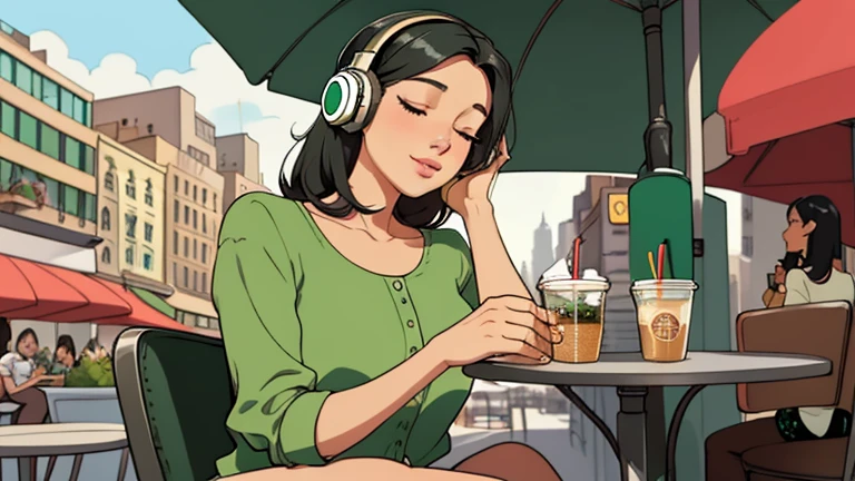 Beautiful woman in her 30s with black hair is sitting with headphones on the cafe terrace. Looking down, eyes closed, LOFI girl, alone in the room, green blouse, relaxing mood, cozy, only five fingers, new york, Starbucks, colorful, Well-proportioned face