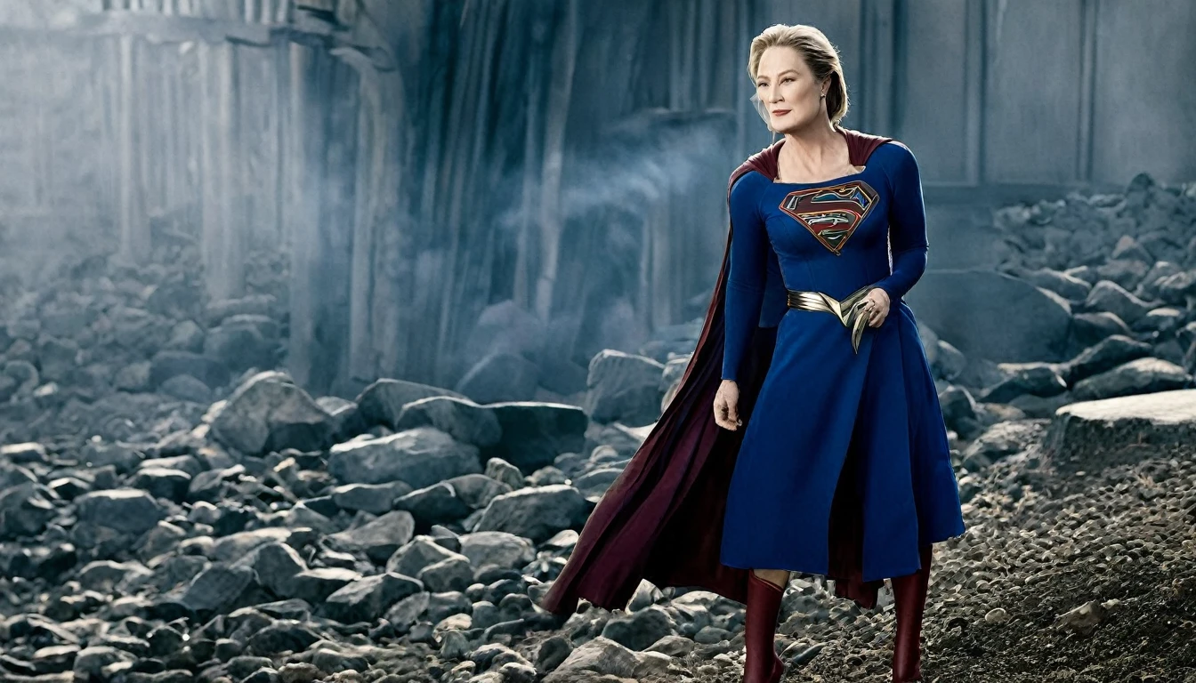   full body photo; old and sexy Meryl Streep in a Supergirl spills the beans; determined, confident, imposing woman; airbender.