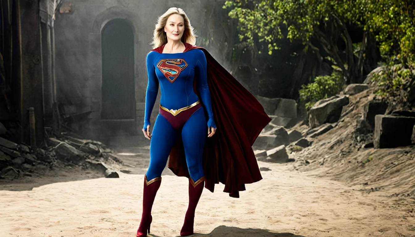   full body photo; old and sexy Meryl Streep in a Supergirl spills the beans; determined, confident, imposing woman; airbender.