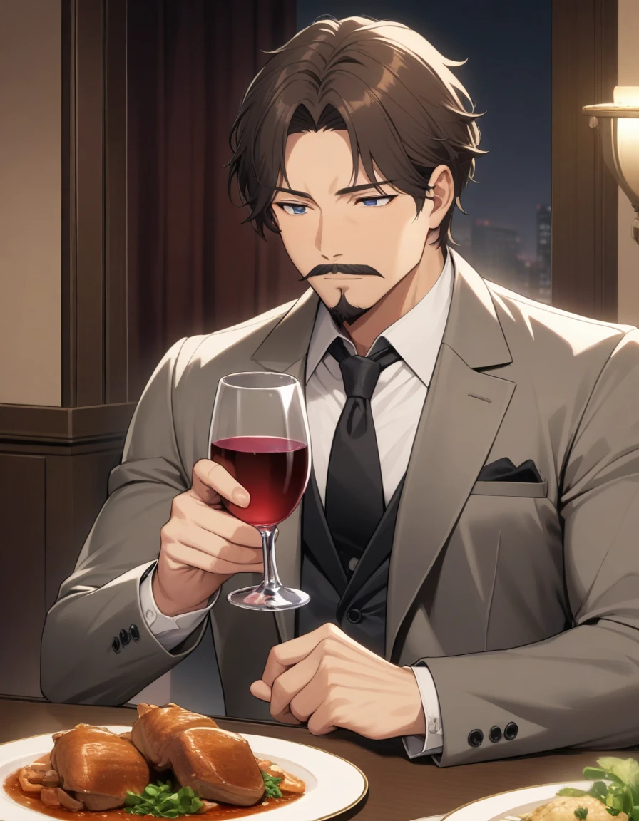 1man, mature male, parted bangs, medium-short hair, brown hair, muscular male celeb, short goatee, short mustache, indigo eyes, gentleman, elegant netori male, BREAK solo, white collared shirt, gray trench coat, black neck ribbon, romantic mood, dinner, holding, wine glass, in gentle sasaki style, visual novel, 2010s, extreme all detailed, masterpiece, best quality