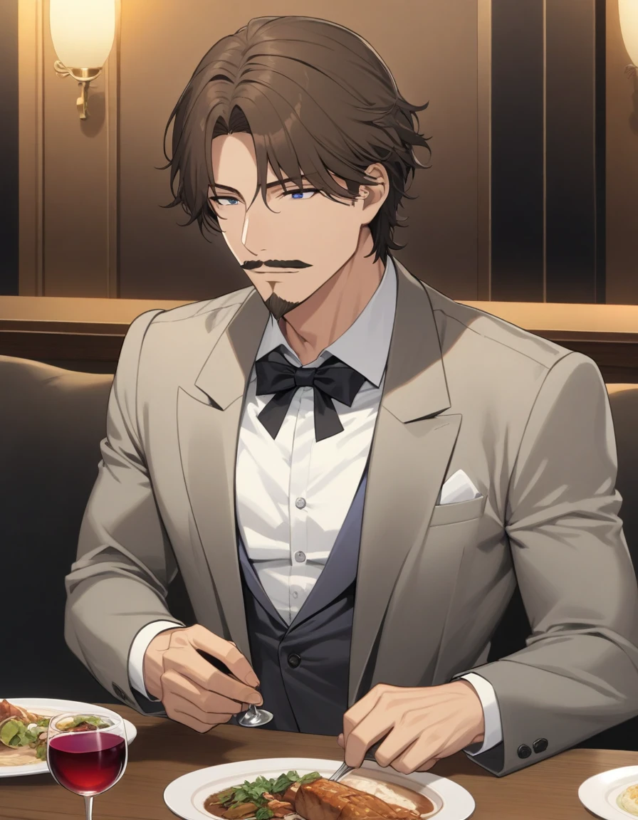 1man, mature male, parted bangs, medium-short hair, brown hair, muscular male celeb, short goatee, short mustache, indigo eyes, gentleman, elegant netori male, BREAK solo, white collared shirt, gray trench coat, black neck ribbon, romantic mood, dinner, holding, wine glass, in gentle sasaki style, visual novel, 2010s, extreme all detailed, masterpiece, best quality