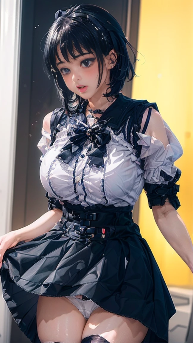highest quality,masterpiece,8k,((((One girl)))),((Big Breasts:1.3)),orgasm,blush,Sweat,Twelve Zodiac Signs_Soon,Black Hair,short hair,((serafuku,White shirt,Black Skirt,mini skirt,Lift up your skirt,Under the skirt,White panties,Black knee socks:1.3))