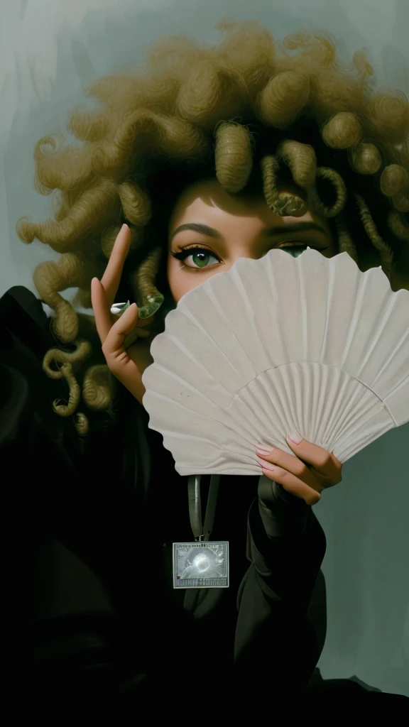 (best quality,4k,8k,highres,masterpiece:1.2),ultra-detailed,realistic,photorealistic:1.37, portrait, money fan covering her face, middle finger, curly afro
