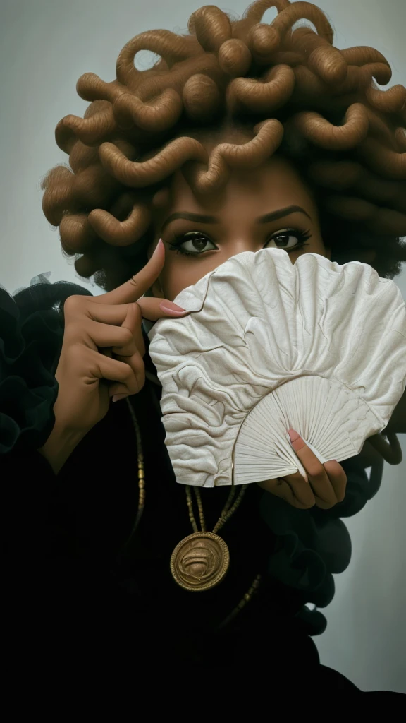 (best quality,4k,8k,highres,masterpiece:1.2),ultra-detailed,realistic,photorealistic:1.37, portrait, money fan covering her face, middle finger, curly afro
