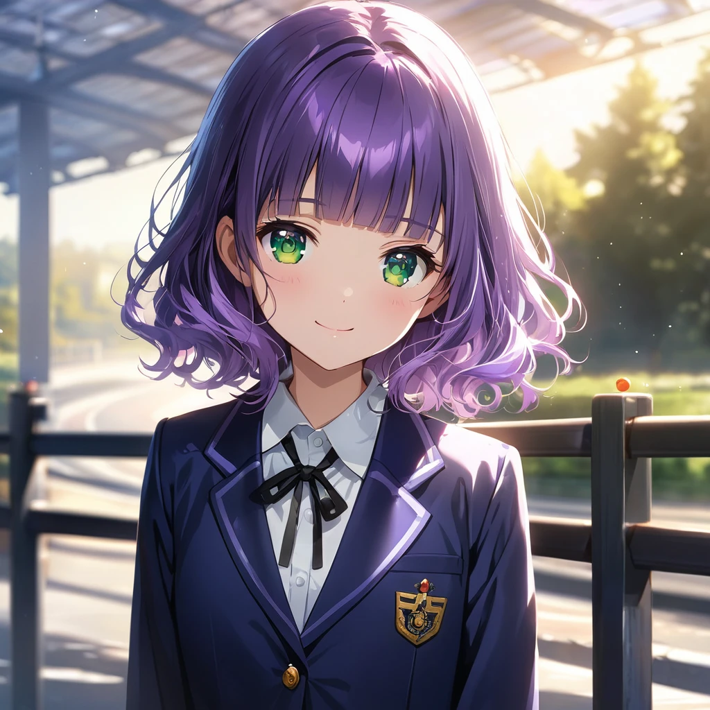 (Cute a girl:1.5), (masterpiece:1.3), anime visual, (school uniform Navy blazer, black ribbon tie, white blouse, checked skirt:1.3 ), (Lovey-dovey:1.5), (tilt head:1.3), extremely delicate face, soft clean focus, realistic lighting and shading, (an extremely delicate and beautiful art:1.3), elegant, ( a  girl with blue purple wavy hair and blunt bangs hair ,black and green eyes:1.4), On the way to school with a smile on my face,cowboy shot,